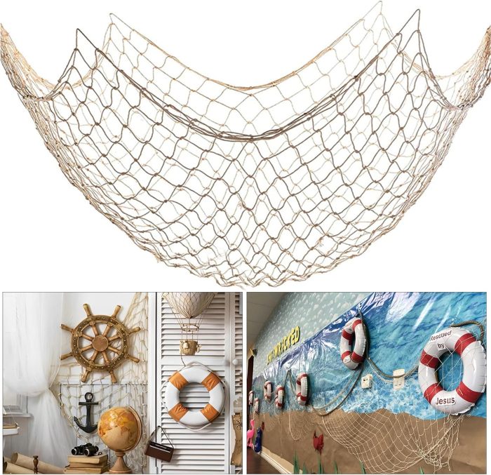 Fish Net Decorations for Party, 2mm Natural Cotton Hawaiian Party Fish Net Decorative, Nautical Themed Cotton Fishnet Room Under The Sea Ocean Beach Party Decor (1)