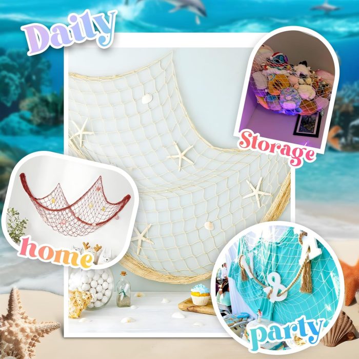Fish Net Decorations for Party, 2mm Natural Cotton Hawaiian Party Fish Net Decorative, Nautical Themed Cotton Fishnet Room Under The Sea Ocean Beach Party Decor (1) - Image 4